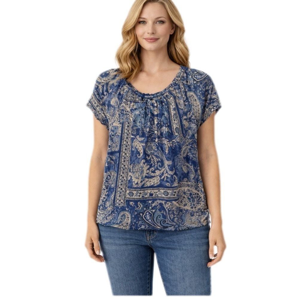 Chaps Blue and Beige Paisley Knit Top Size Large